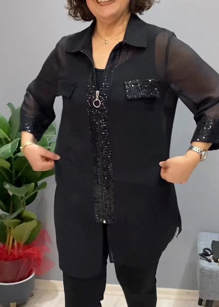Lapel Single-breasted Sequin Embellished Shirt