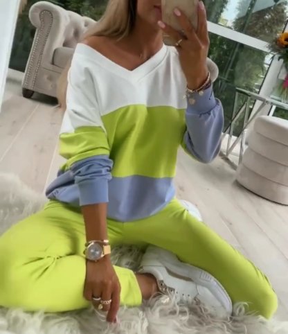 Women's Fashion Color Block Sweatshirt and Pants Suit