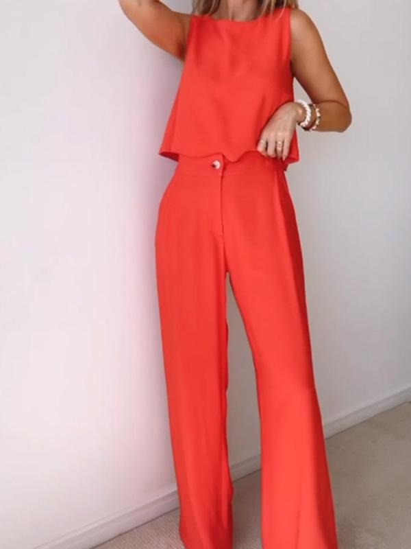 Casual solid color sleeveless top + wide leg pants suit