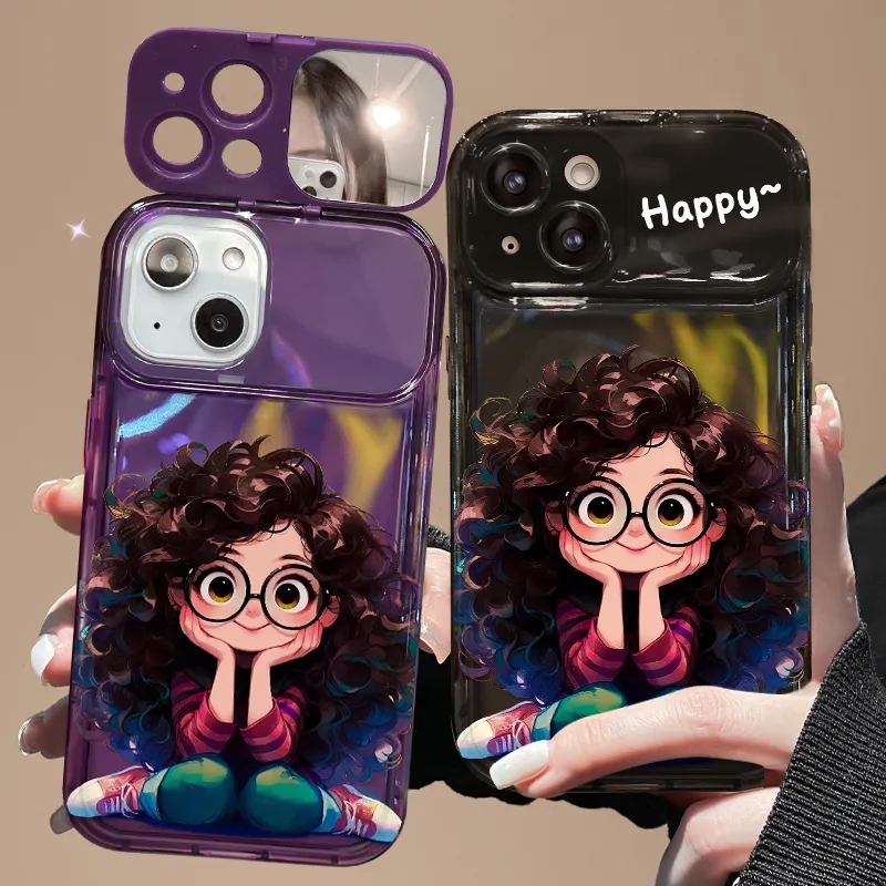 iPhone Creative Fried Hair Glasses Girl torbica za mobilni telefon s preklopnim ogledalom