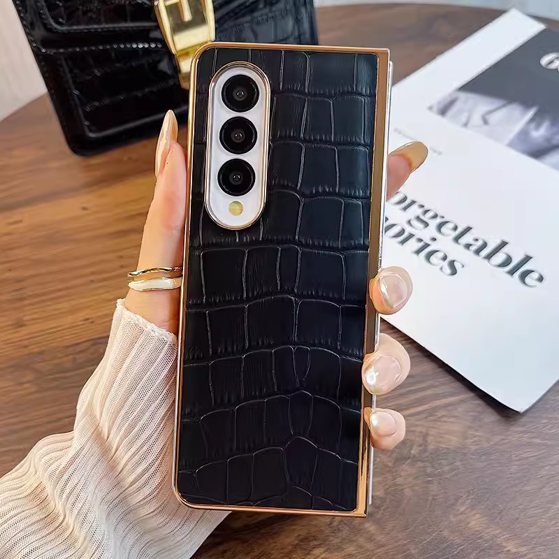 Husă de telefon din piele lucrată manual cu model de crocodil, cu protecție pentru ecran din spate pentru Samsung Galaxy Z Fold3 Fold4 Fold5 5G