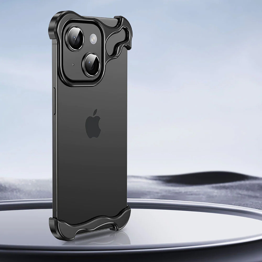 Husă pentru telefon fără ramă din aliaj de aluminiu pentru colțuri metalice, cu folie de protecție a lentilelor pentru iPhone