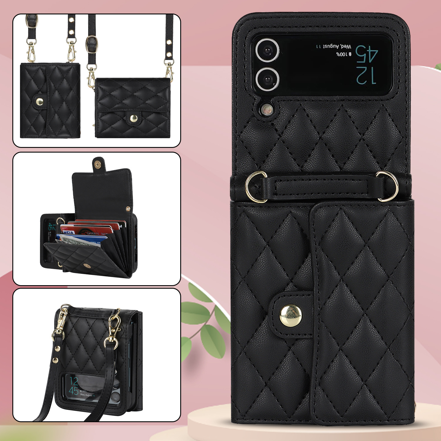 Luksusowe skórzane etui na karty z uchwytem na telefon z łańcuszkiem do Samsung Galaxy Z Flip3 Flip4 Flip5 5G