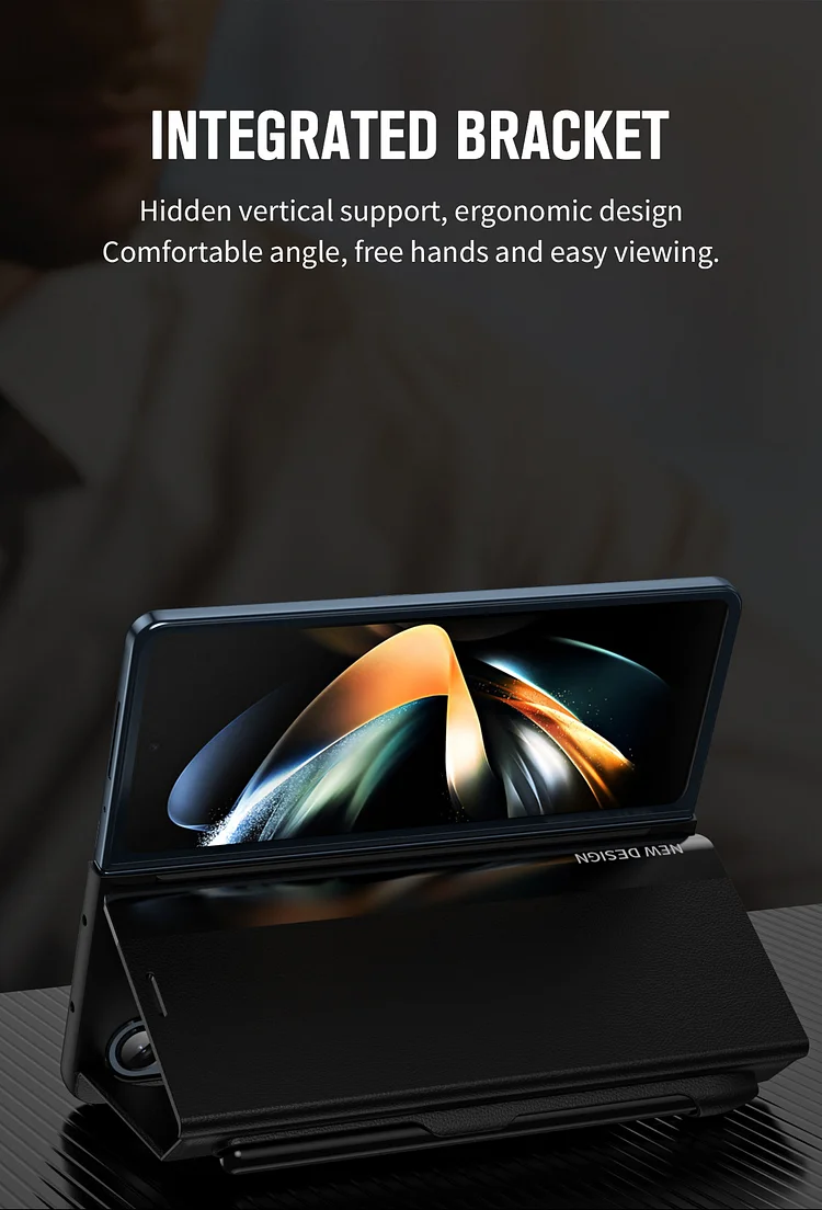 A tolltartóval ellátott Flip Stand tokot kifejezetten a Samsung Galaxy Z Foldhoz tervezték, így minden összehajtás elegáns és egyedi megjelenést kölcsönöz.