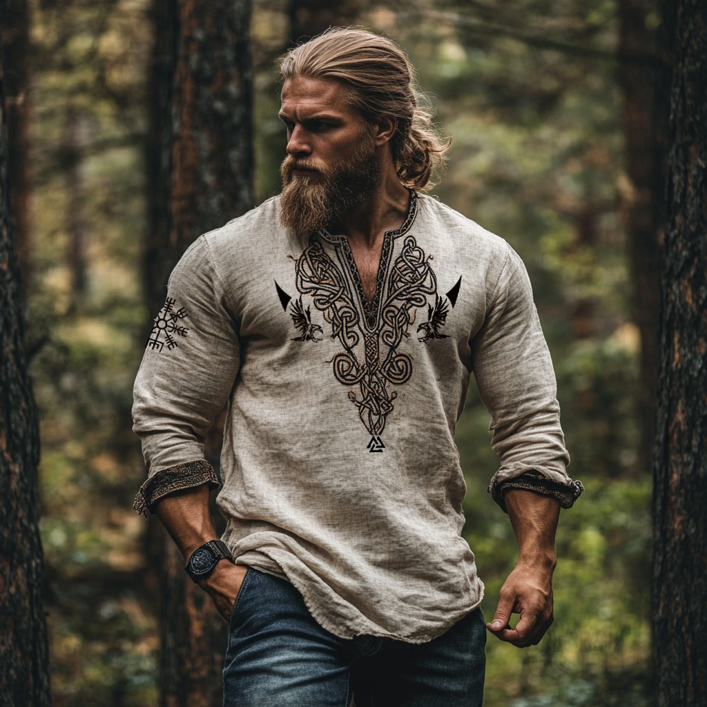 Férfi Vintage Viking Kelta Knot Art Lenvászon Ing