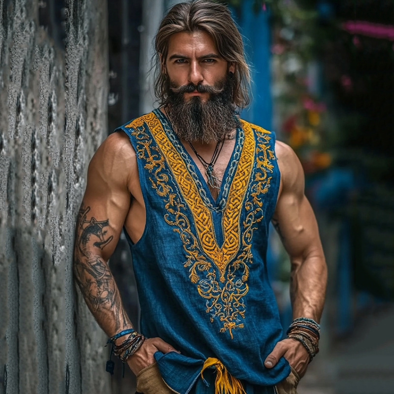 Férfi Vintage Viking Kelta Knot Art Lenvászon Ing