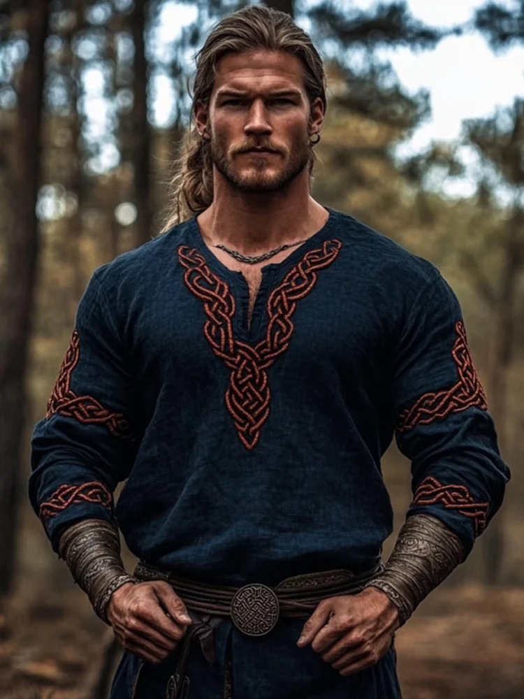 Férfi Vintage Viking Kelta Knot Art Lenvászon Ing