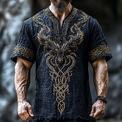 Férfi Vintage Viking Kelta Knot Art Lenvászon Ing