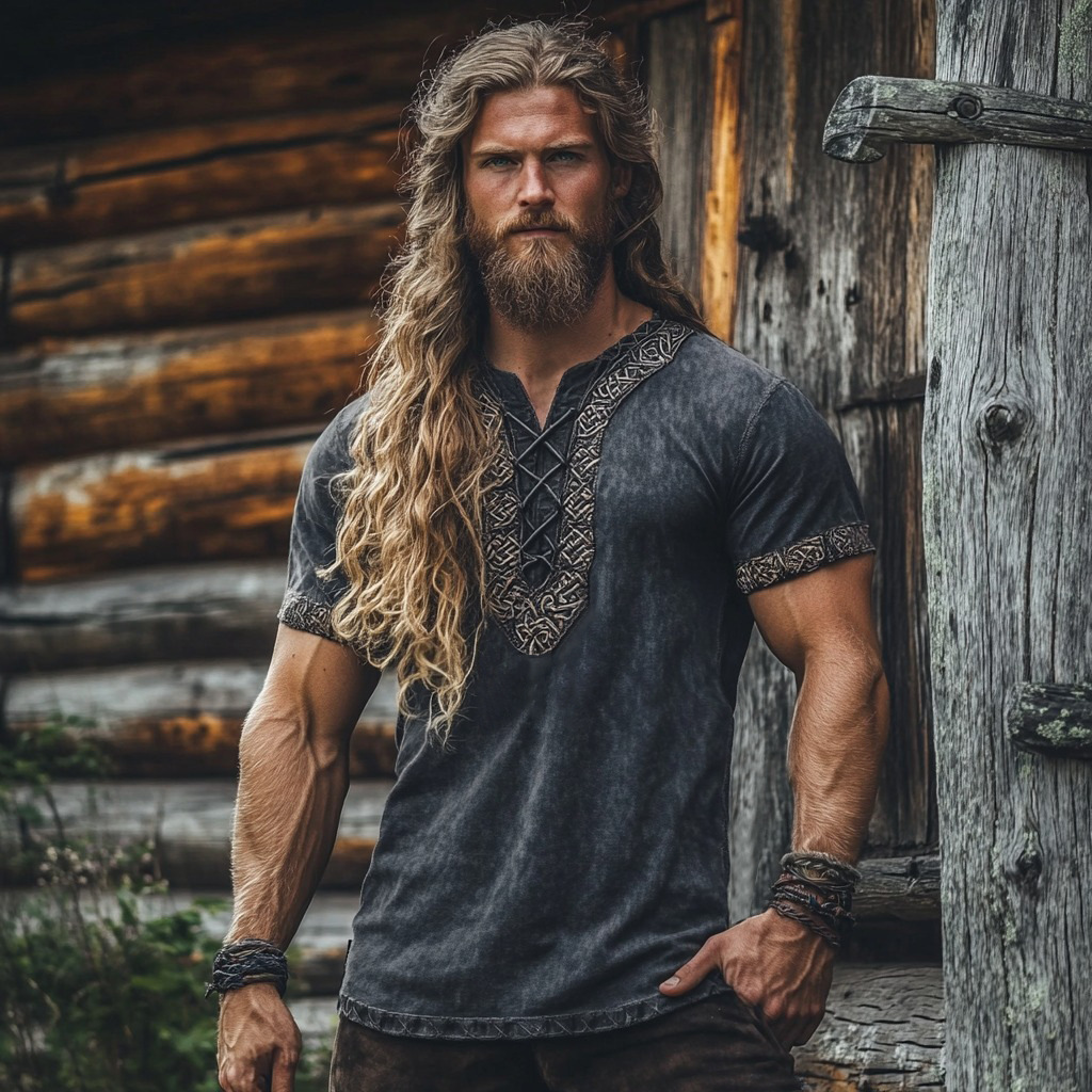 Férfi Vintage Viking Kelta Knot Art Lenvászon Ing