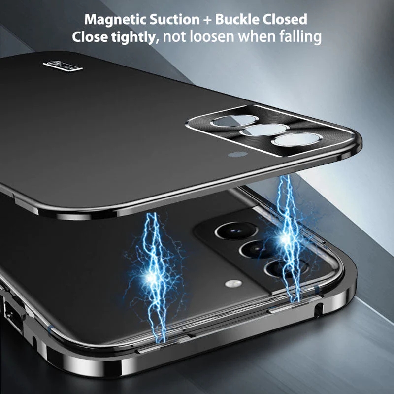 Metal magnetic case with lens protection for Samsung Galaxy S23 series.