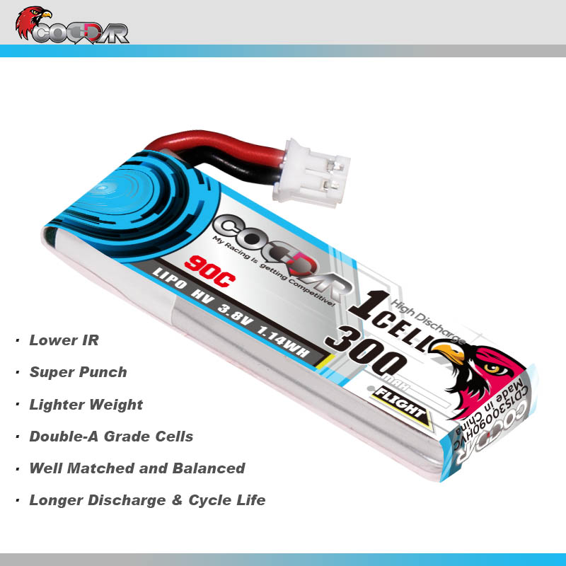 CODDAR 1S 300MAH 3.8V 90C PH2.0 with cabled RC LiPo Battery