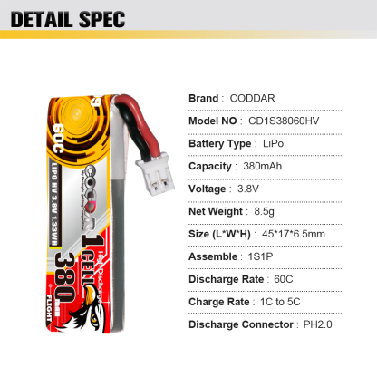 CODDAR 1S 380MAH 3.8V 60C PH2.0 with cabled RC LiPo Battery