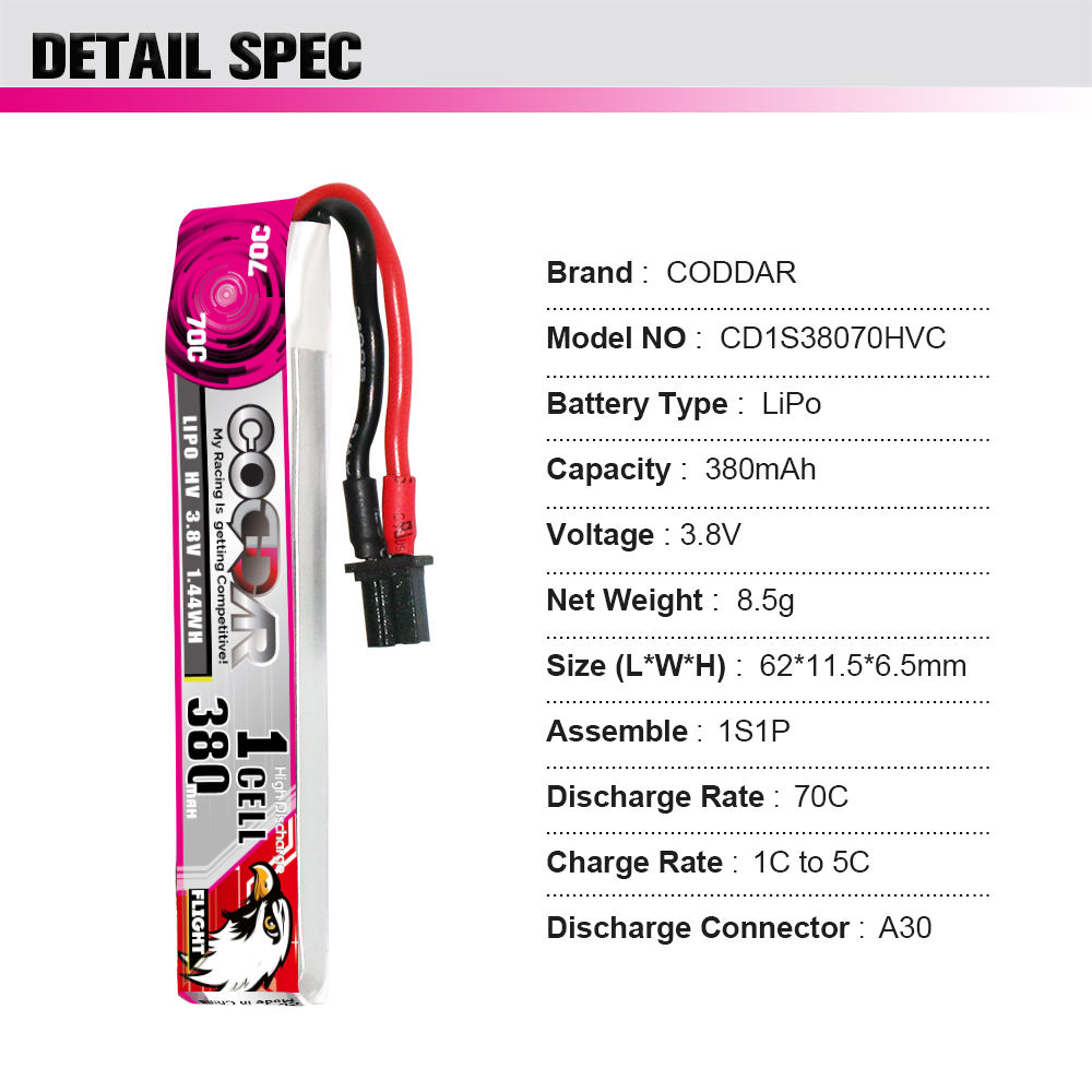 CODDAR 1S 380MAH 3.8V 70C A30 with cabled RC LiPo Battery