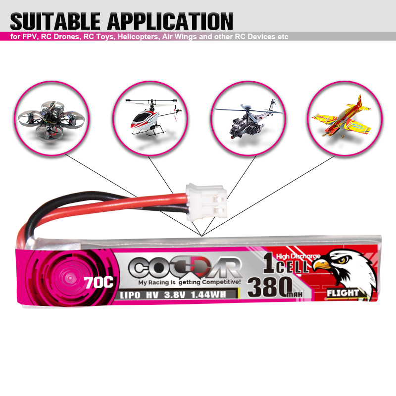 CODDAR 1S 380MAH 3.8V 70C PH2.0 with cabled RC LiPo Battery
