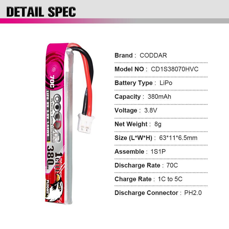 CODDAR 1S 380MAH 3.8V 70C PH2.0 with cabled RC LiPo Battery