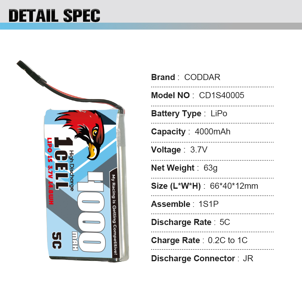 CODDAR 1S 4000MAH 3.7V 5C JR Connector RC LiPo Battery
