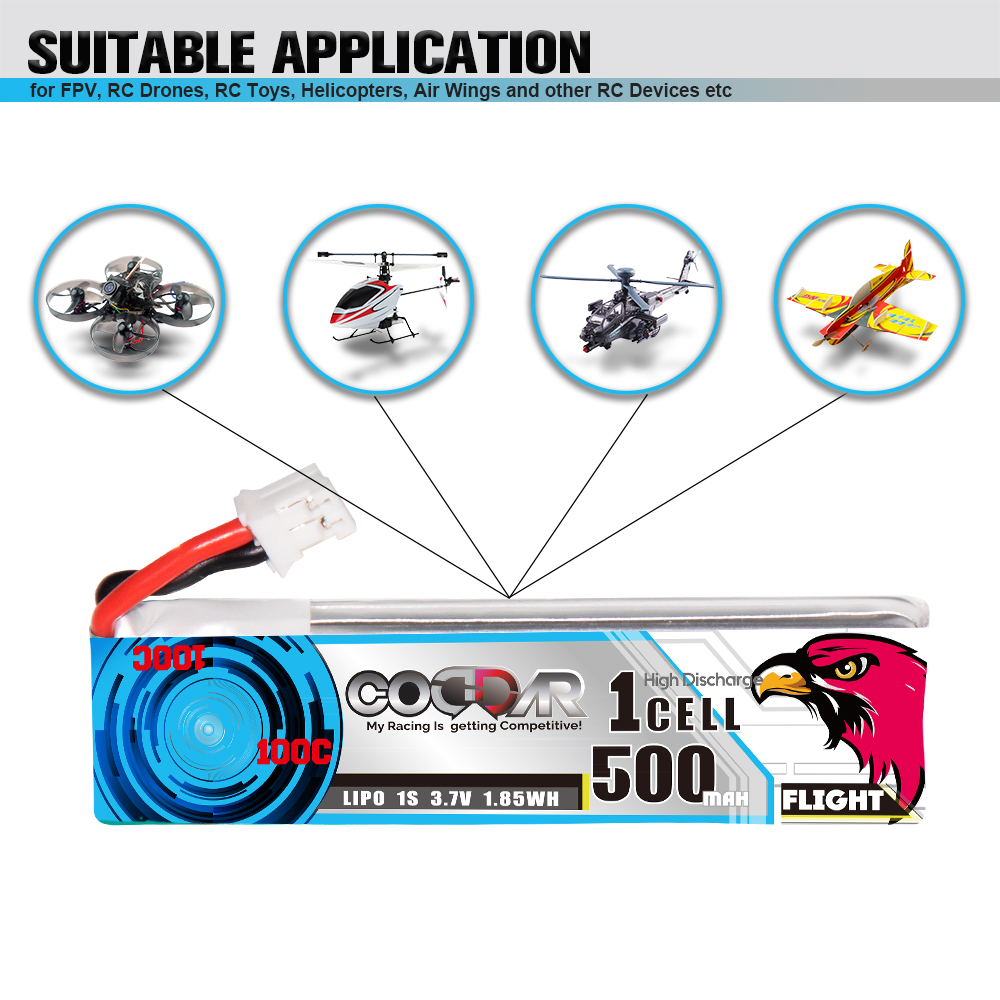 CODDAR 1S 500MAH 3.7V 100C PH2.0 with cabled RC LiPo Battery