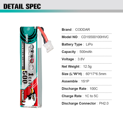 CODDAR 1S 500MAH 3.8V 100C PH2.0 with Cabled RC LiPo Battery