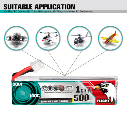 CODDAR 1S 500MAH 3.8V 100C PH2.0 with Cabled RC LiPo Battery
