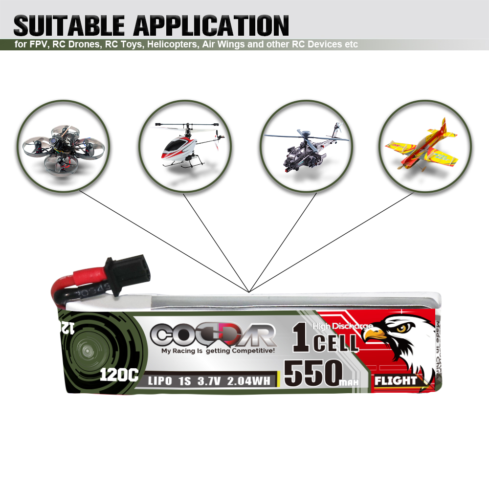 CODDAR 1S 550MAH 3.7V 120C A30 with cabled RC LiPo Battery