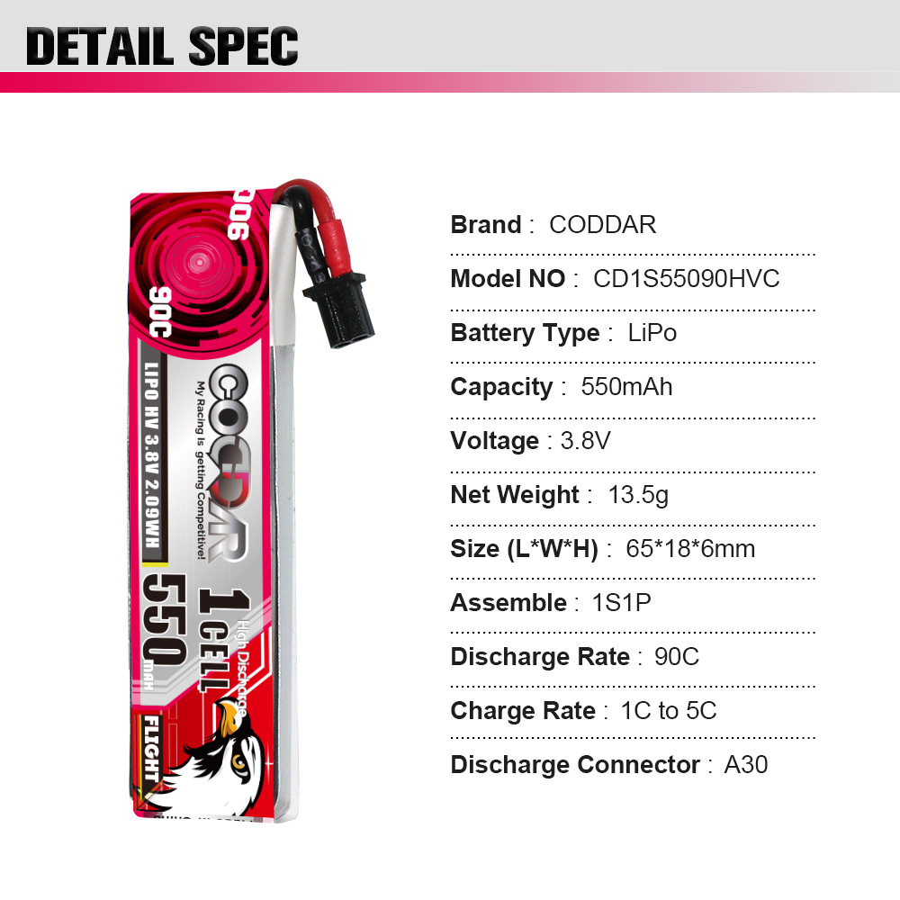 CODDAR 1S 550MAH 3.8V 90C A30 with Cabled LiHV RC LiPo Battery