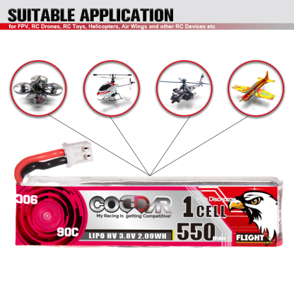 CODDAR 1S 550MAH 3.8V 90C PH2.0 with Cabled RC LiPo Battery