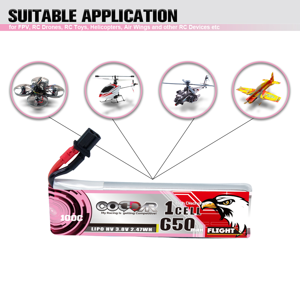 CODDAR 1S 650MAH 3.8V 100C A30 with Cabled LiHV RC LiPo Battery