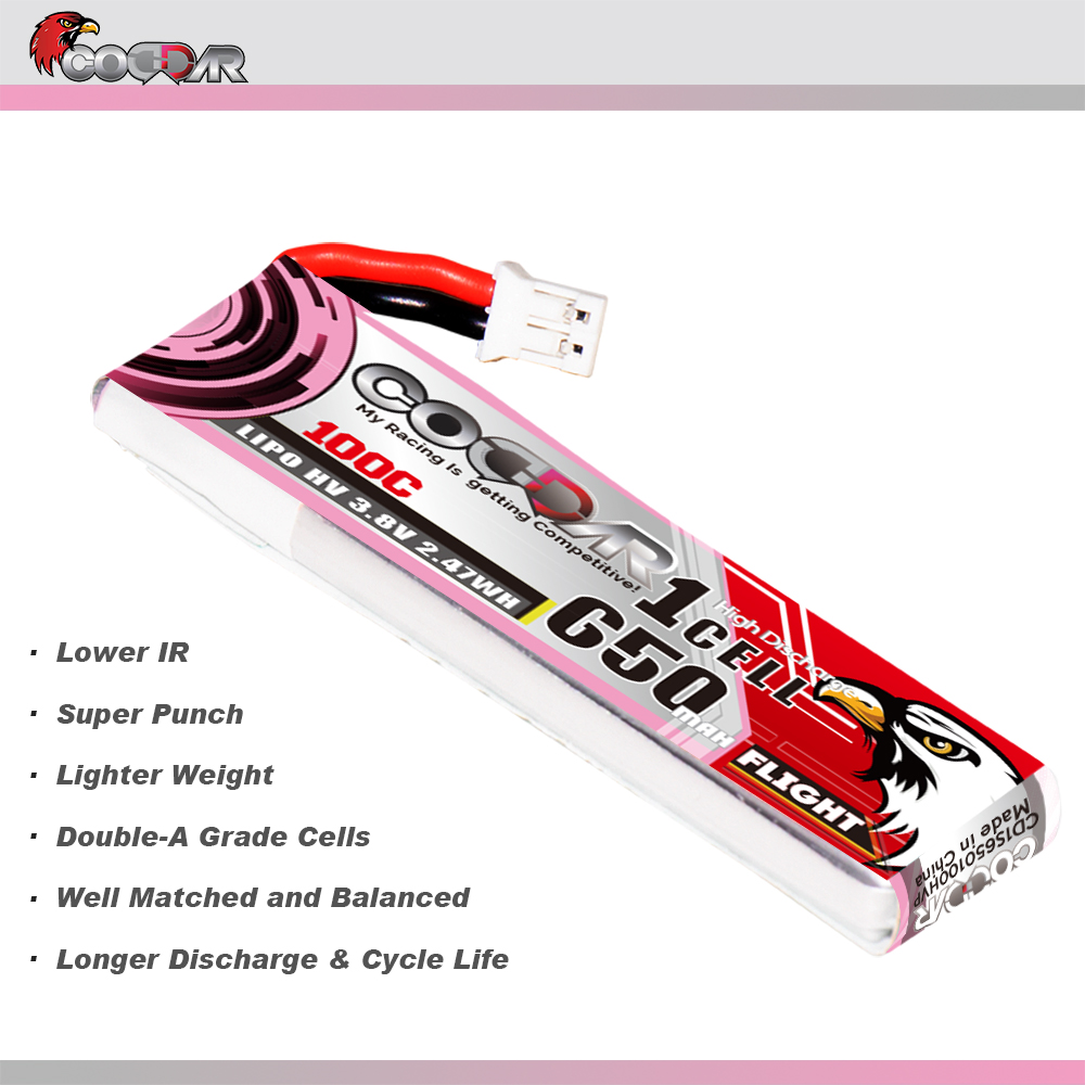 CODDAR 1S 650MAH 3.8V 100C PH2.0 with Cabled RC LiPo Battery