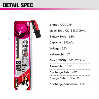 CODDAR 1S 850MAH 3.8V 100C A30 with Cabled LiHV RC LiPo Battery