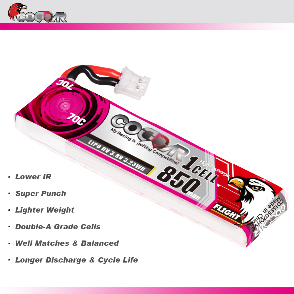 CODDAR 1S 850MAH 3.8V 100C PH2.0 with Cabled LiHV RC LiPo Battery