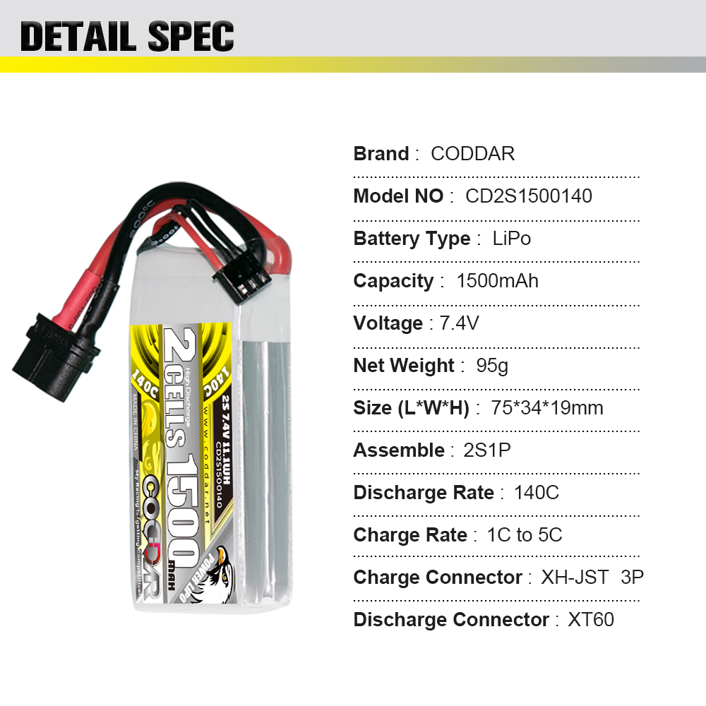 CODDAR 2S 1500MAH 7.4V 140C XT60 RC LiPo Battery