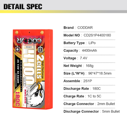 CODDAR 2S 4400MAH 7.4V 180C HARD CASE LCG SHORTY PACK RC Lipo Battery