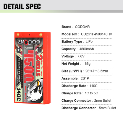 CODDAR 2S 4500MAH 7.6V 140C HARD CASE LCG SHORTY PACK RC Lipo Battery