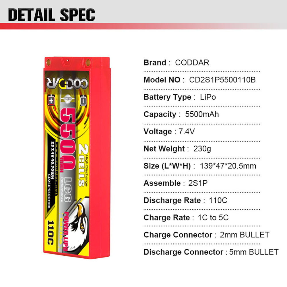CODDAR 2S 5500MAH 7.4V 110C HARD CASE Ultra LCG Stick Pack RC LiPo Battery