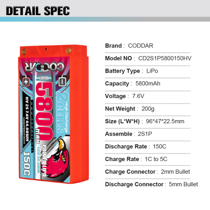 CODDAR 2S 5800MAH 7.6V 150C HARD CASE LCG SHORTY PACK RC Lipo Battery