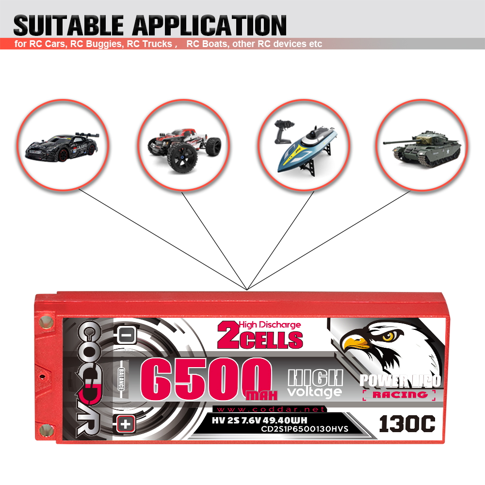 CODDAR 2S 6500MAH 7.6V 130C HARD CASE LCG Stick Pack LiHV RC LiPo Battery