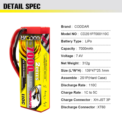 CODDAR 2S 7000MAH 7.4V 110C Cabled XT60 HARD CASE Stick Pack RC LiPo Battery