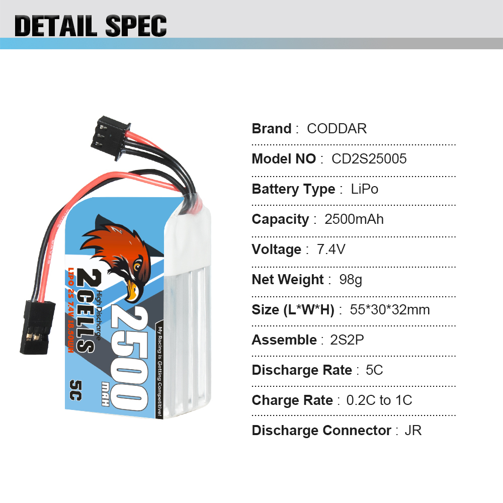 CODDAR 2S 2500MAH 7.4V 5C JR Connector RC LiPo Battery