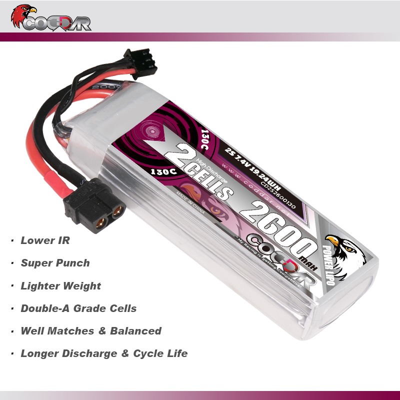 CODDAR 2S 2600MAH 7.4V 130C Soft Pack RC Lipo Battery