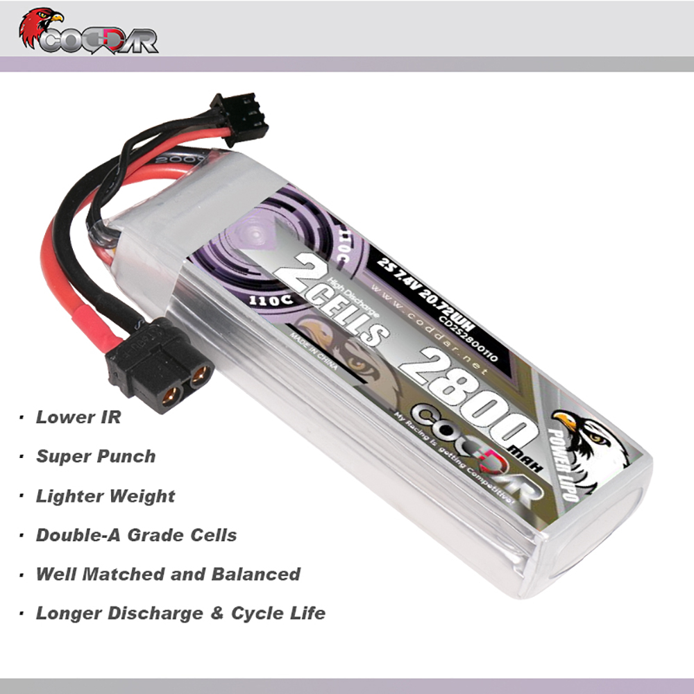 CODDAR 2S 2800MAH 7.4V 110C Soft Pack RC Lipo Battery