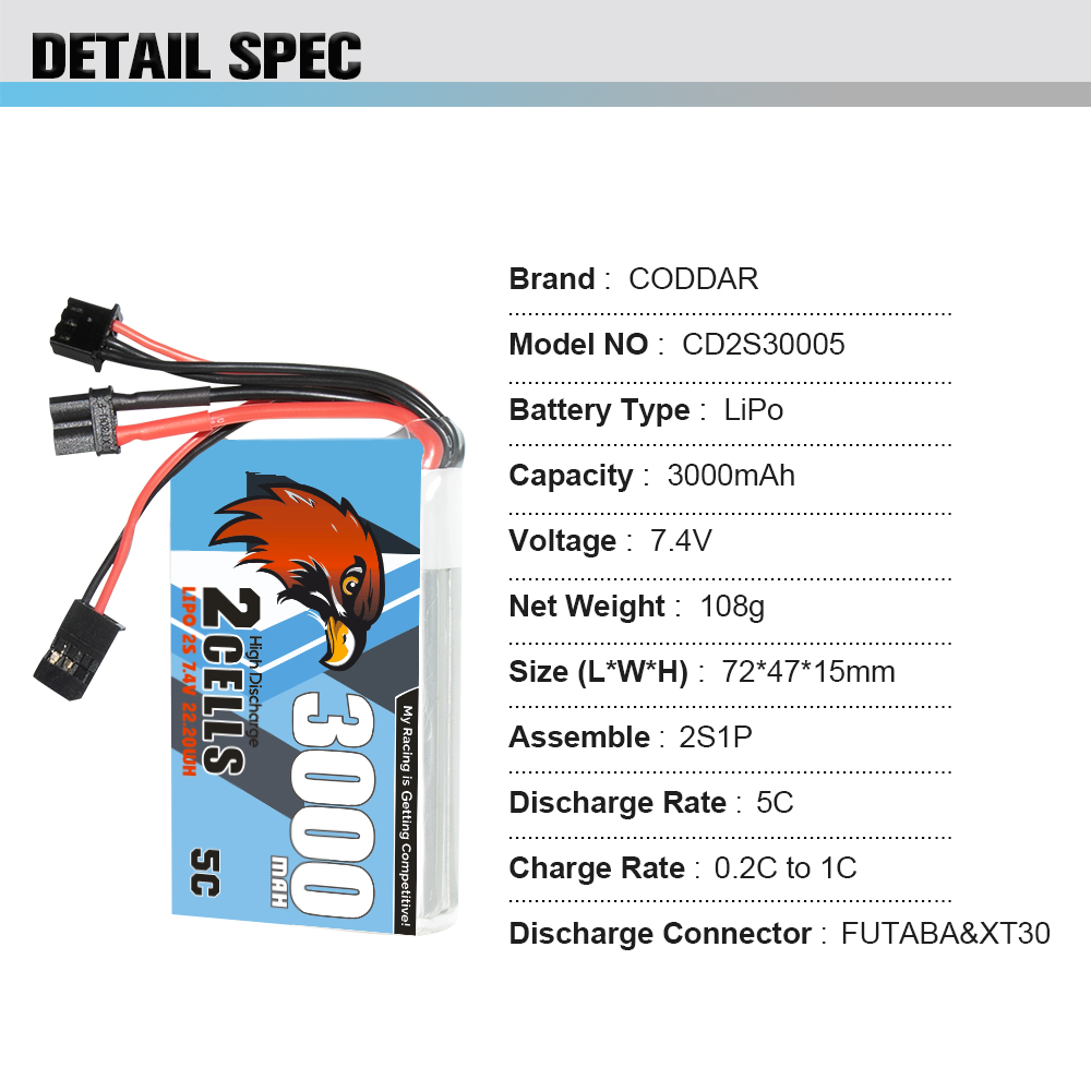 CODDAR 2S 3000MAH 7.4V 5C FUTABA & XT30 Dual Connector RC LiPo Battery
