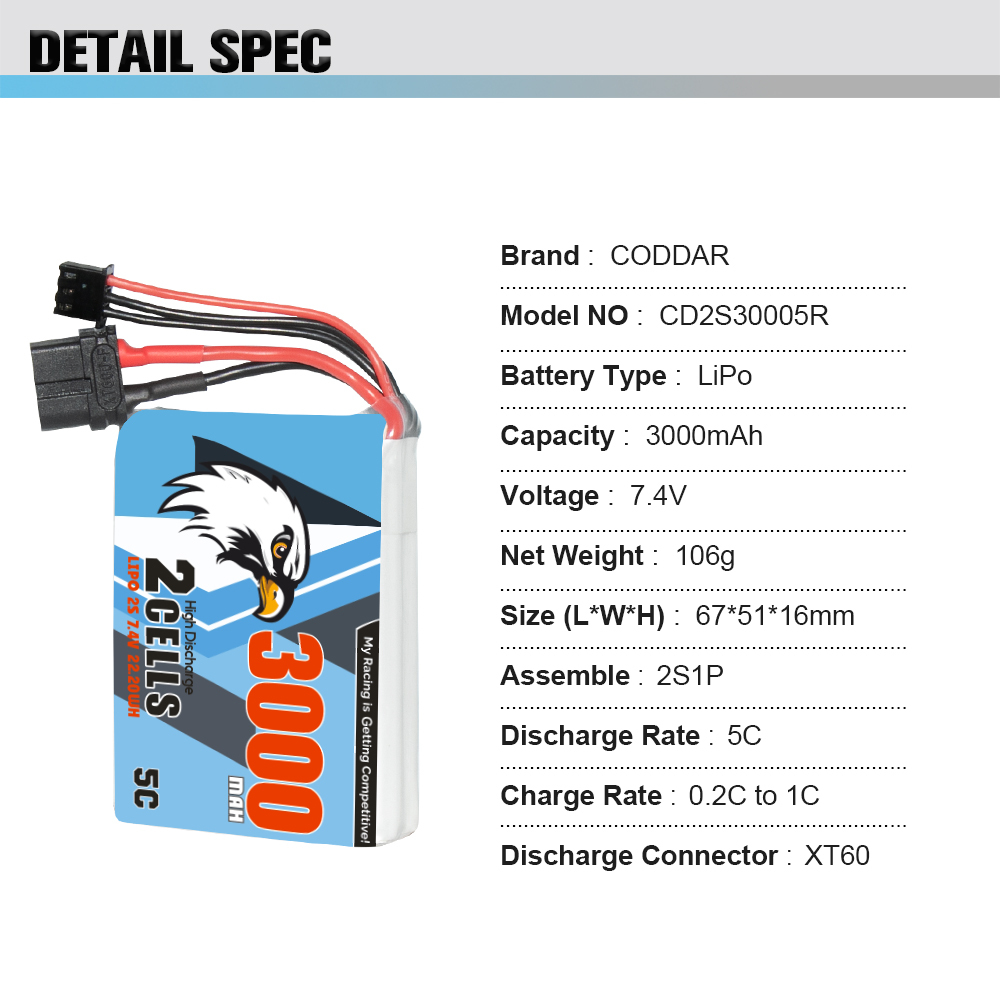 CODDAR 2S 3000MAH 7.4V 5C XT60 Connector RC LiPo Battery