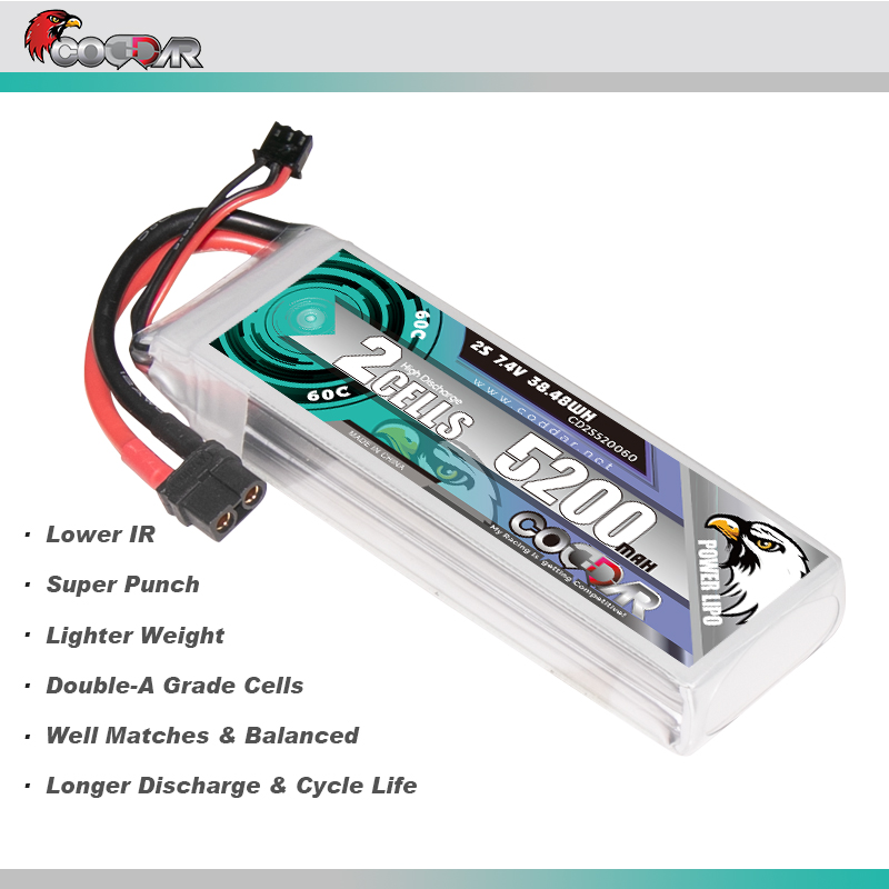 CODDAR 2S 5200MAH 7.4V 60C Soft Pack RC Lipo Battery