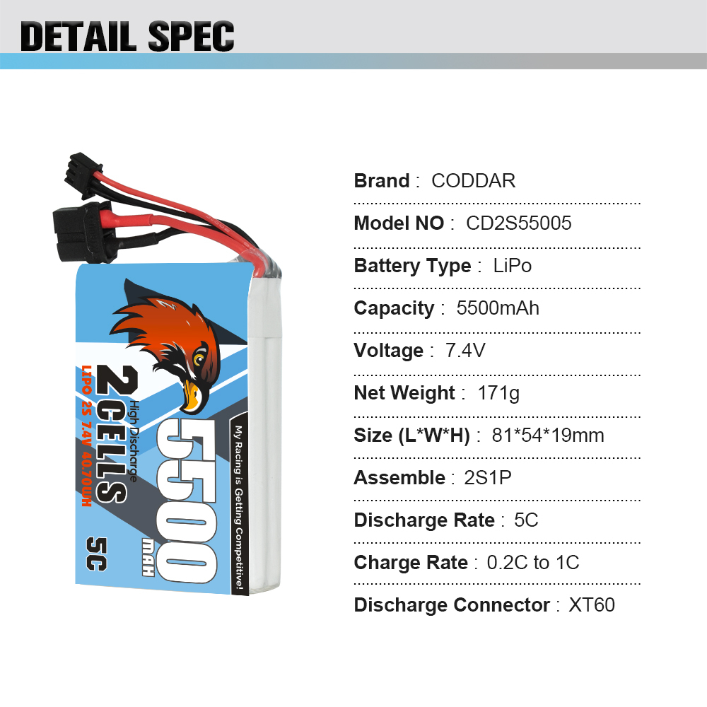 CODDAR 2S 5500MAH 7.4V 5C XT60 Connector RC LiPo Battery