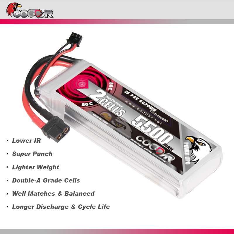 CODDAR 2S 5500MAH 7.4V 80C Soft Pack RC Lipo Battery