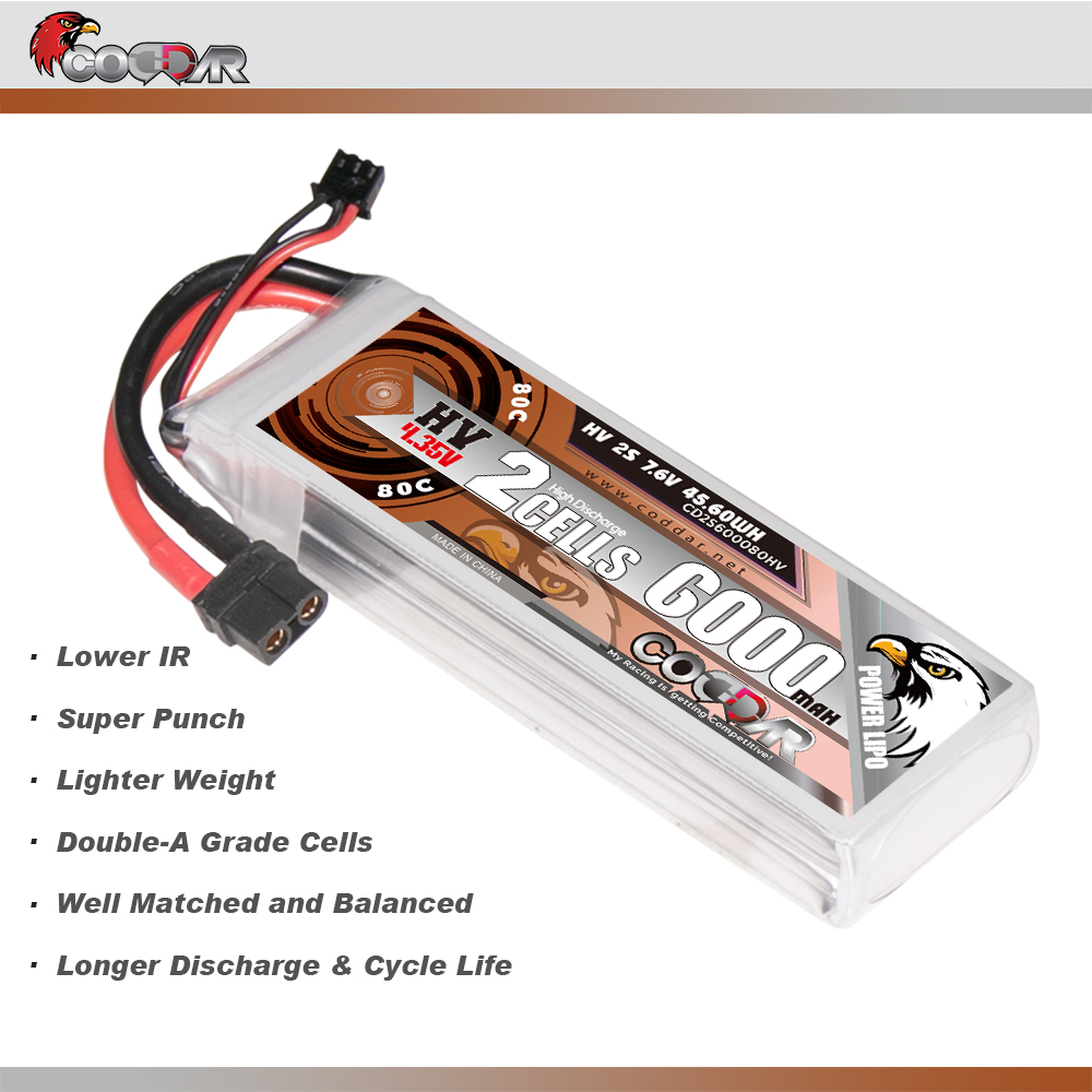 CODDAR 2S 6000MAH 7.6V 80C Soft Pack LiHV RC Lipo Battery