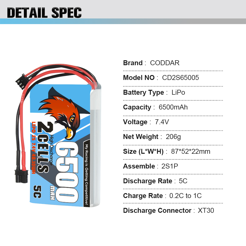 CODDAR 2S 6500MAH 7.4V 5C XT30 Connector RC LiPo Battery