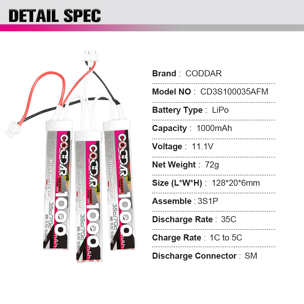 CODDAR 3S 1000MAH 11.1V 35C AirSoft Triplets Pack RC LiPo Battery