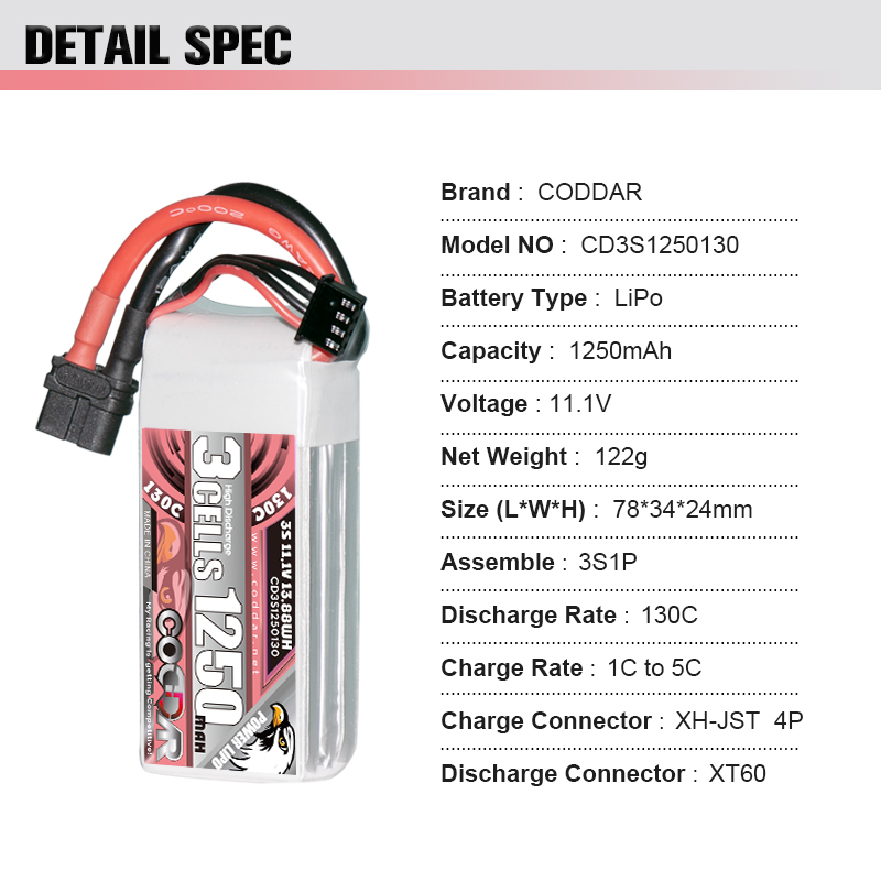 CODDAR 3S 1250MAH 11.1V 130C XT60 RC LiPo Battery