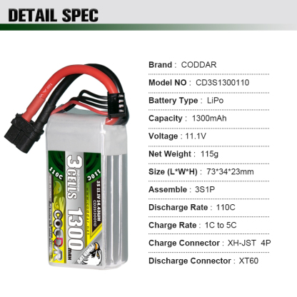 CODDAR 3S 1300MAH 11.1V 110C XT60 RC LiPo Battery